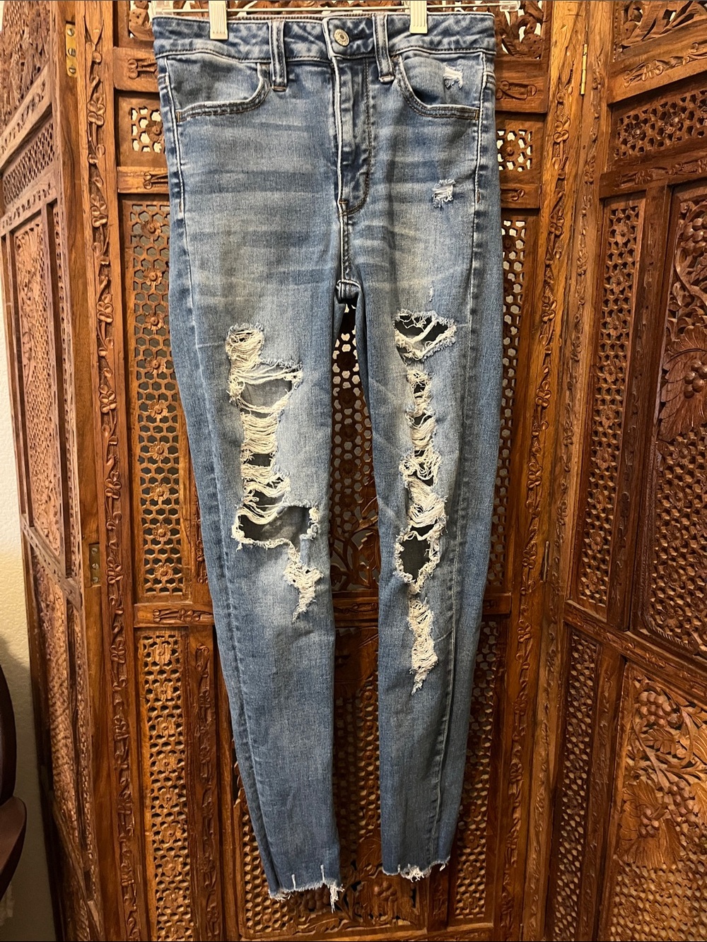 American Eagle Outfitters Distressed Skinny Jeans - Light Blue Wash